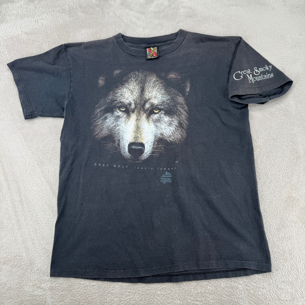 VTG 90s 3D Emblem Grey Wolf Canis Lupus Shirt Mens L Black Great Smoky Mountains